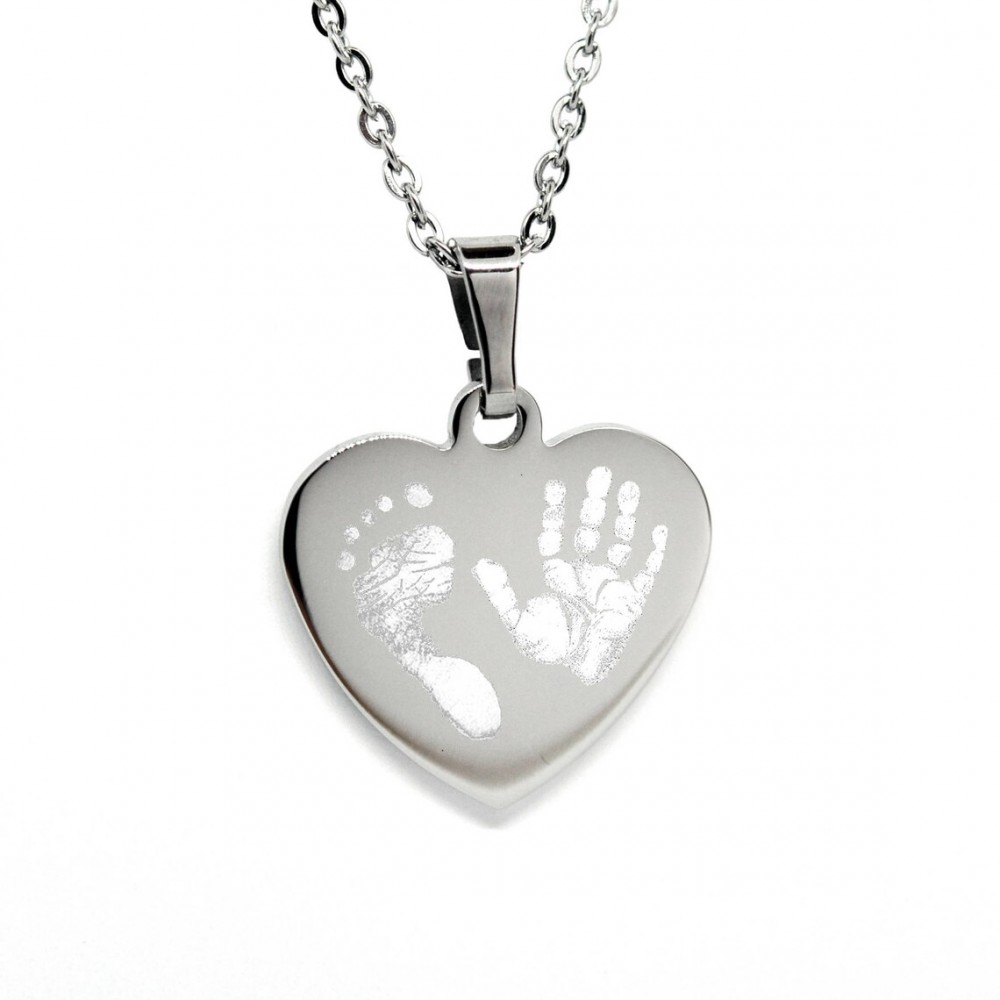 Engraved Handprint-Footprint Heart Necklace