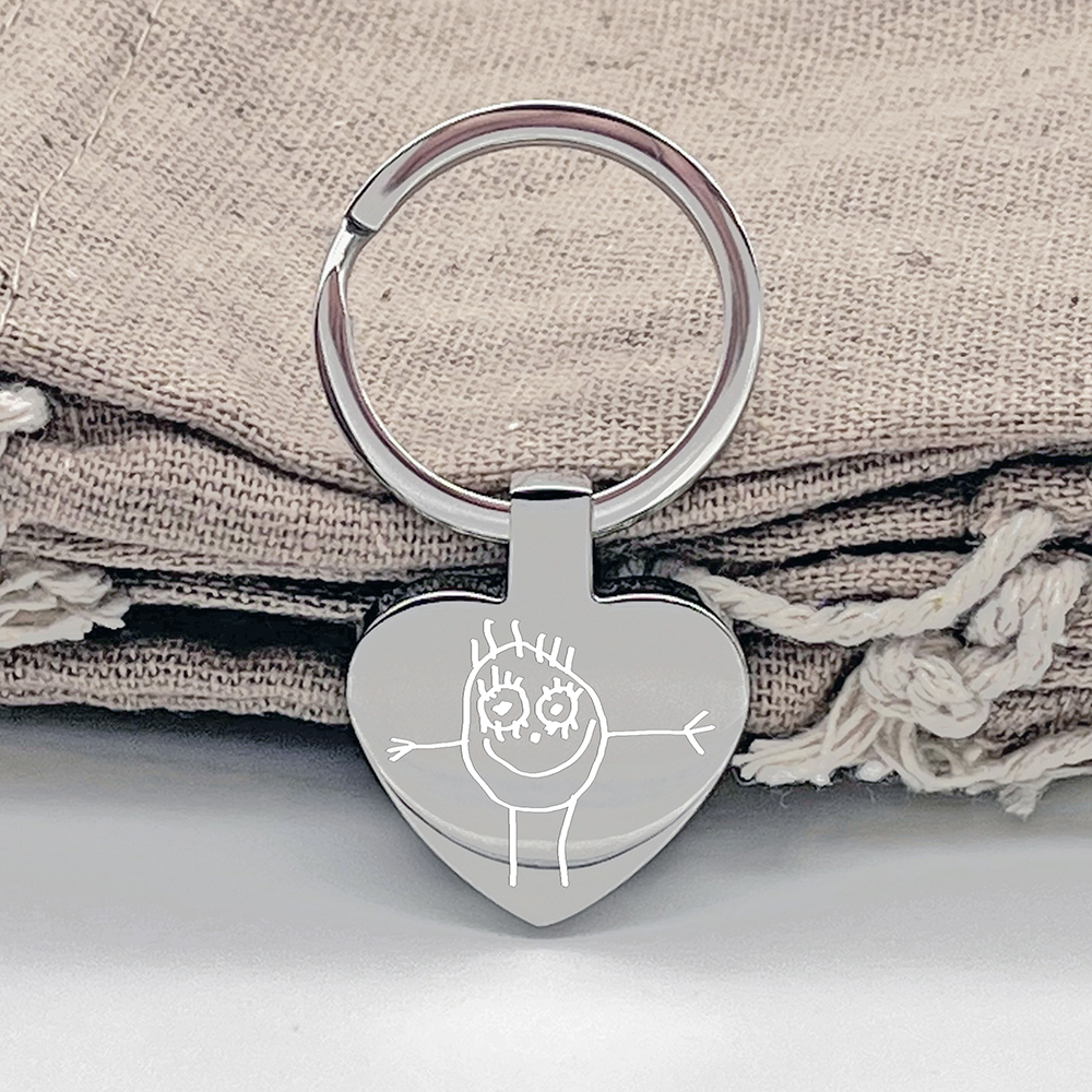 Childs Drawing Engraved Heart Keyring. Personalised Gift.