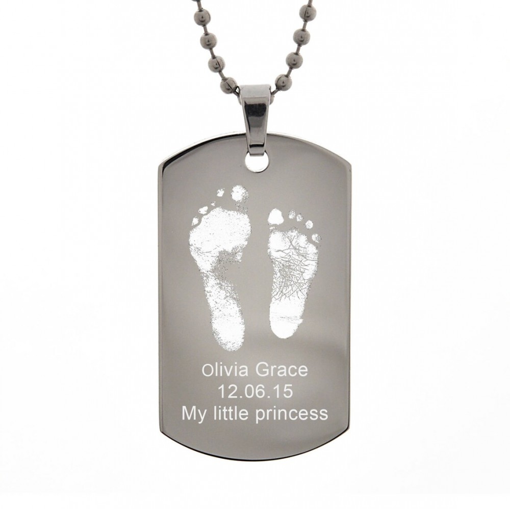 Engraved Footprint Stainless Steel Mens Dog Tag Necklace